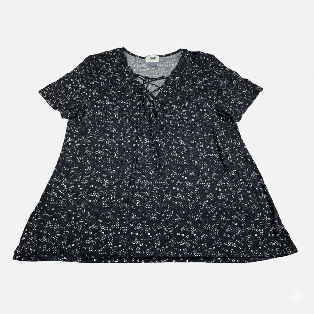 Old Navy Womens Size Medium Black Floral Lace Up V-Neck Short‎ Sleeve Tunic Top